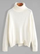 Romwe White Roll Neck Drop Shoulder Asymmetric Hem Sweater