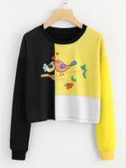 Romwe Bird Print Color Block Tee