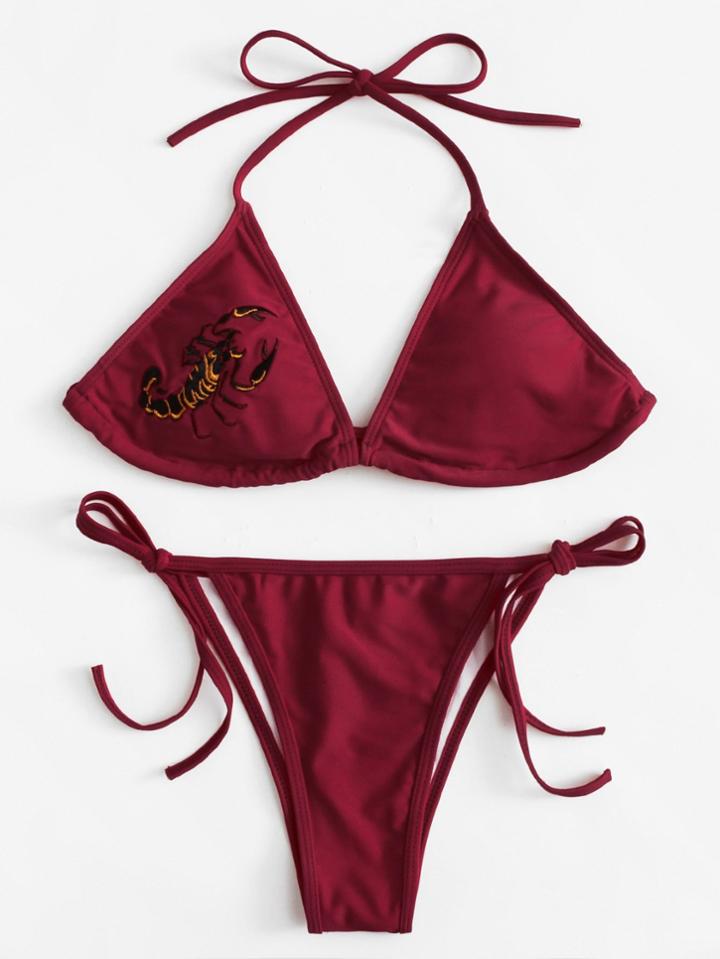 Romwe Embroidered Scorpion Bikini Set