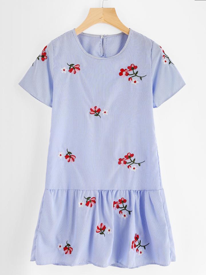 Romwe Vertical Pinstriped Embroidery Frill Hem Dress