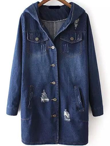 Romwe Hooded Ripped Pockets Denim Coat