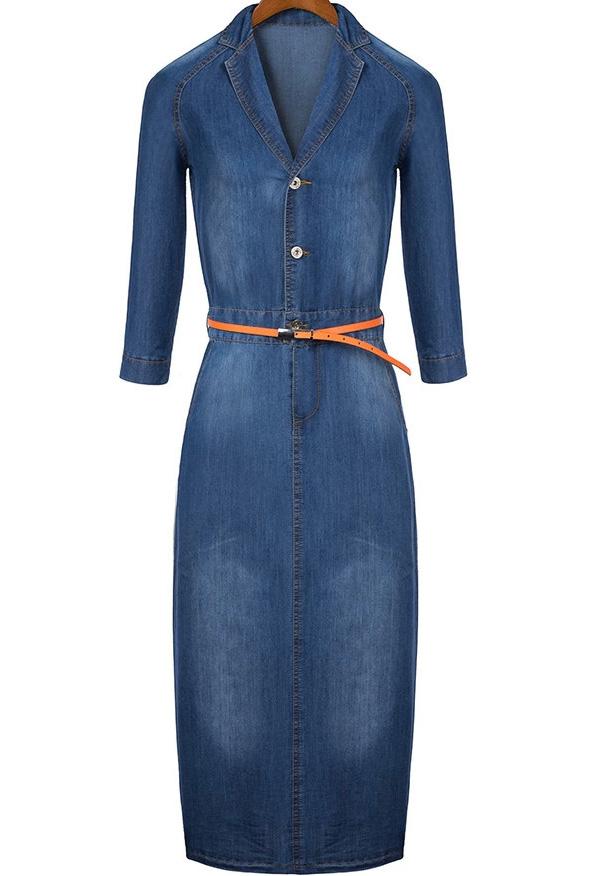 Romwe Half Sleeve Lapel With Buttons Denim Dress