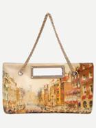 Romwe Cutout Handle Multicolor City View Print Chain Bag