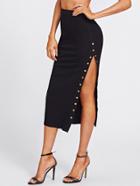 Romwe Studs High Slit Ribbed Skirt