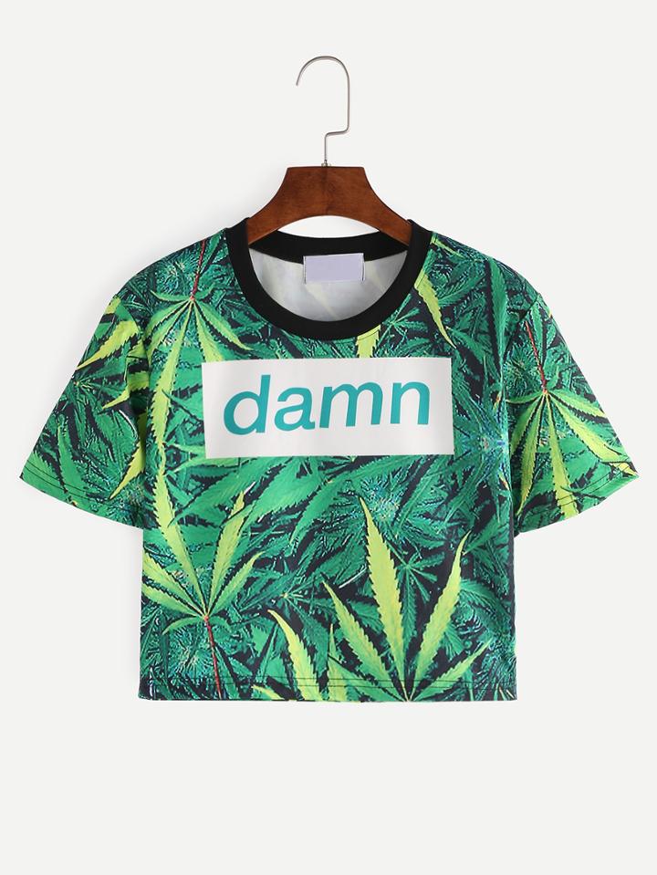 Romwe Contrast Neck Leaf Print Crop T-shirt - Green