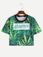 Romwe Contrast Neck Leaf Print Crop T-shirt - Green