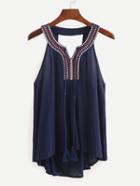Romwe Embroidered Tassel Tie-neck Cutout Top - Navy