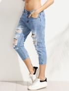 Romwe Blue Ripped Letter Print 3/4 Length Jeans