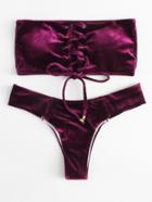 Romwe Lace Up Velvet Bandeau Bikini Set