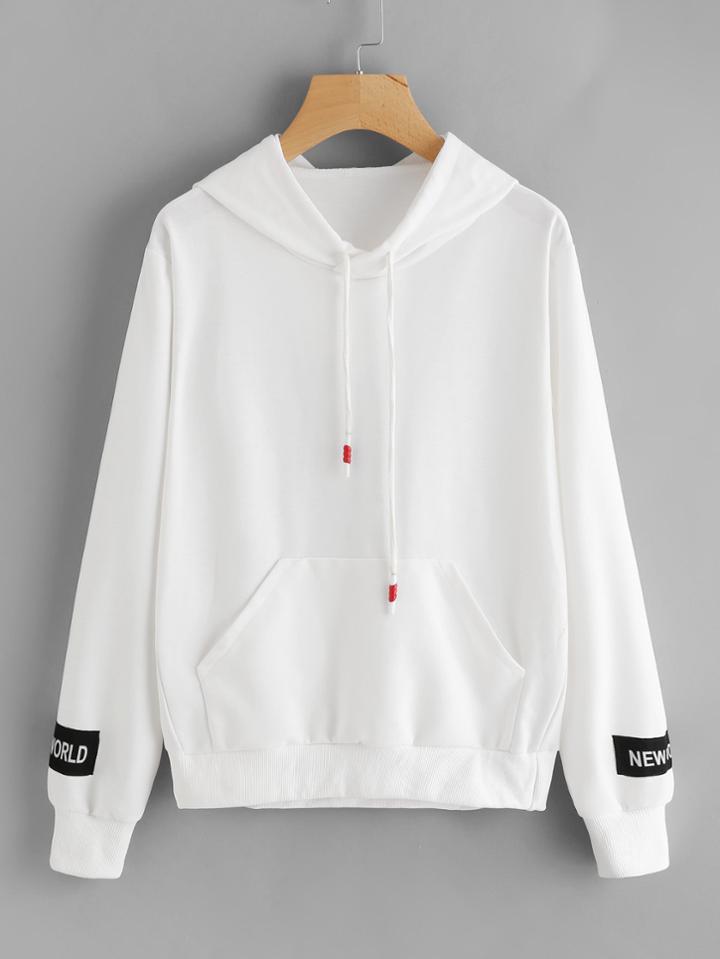 Romwe Kangaroo Pocket Patch Sleeve Drawstring Hoodie
