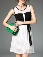 Romwe White Black Pleated Tie-waist Dress