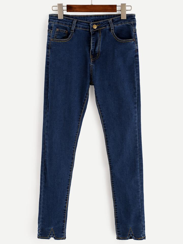 Romwe Blue V Cut Hem Skinny Jeans