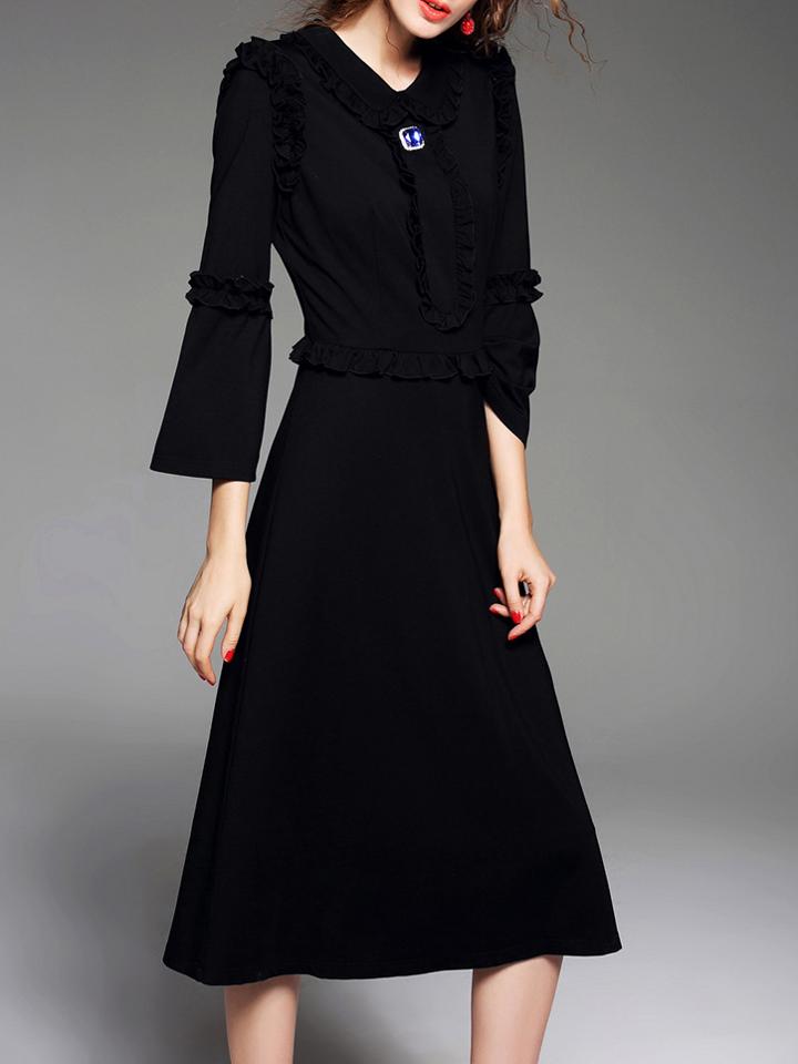 Romwe Black Beading Ruffle A-line Dress