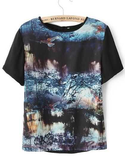 Romwe Trees Print Black T-shirt