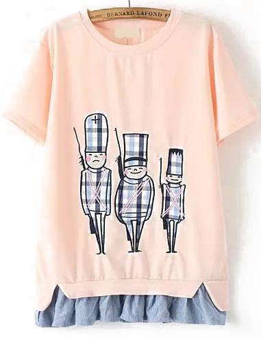 Romwe Contrast Denim Hem Soldier Print Pink T-shirt