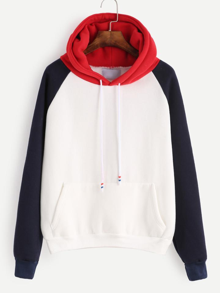 Romwe Color Block Hooded Raglan Sleeve Pocket Sweatshirt