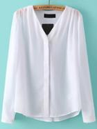 Romwe V Neck Chiffon White Blouse