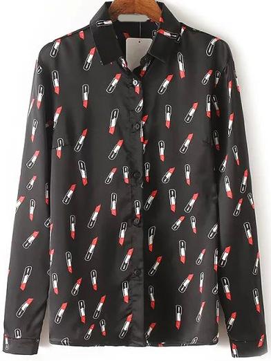 Romwe Lipstick Print Black Blouse