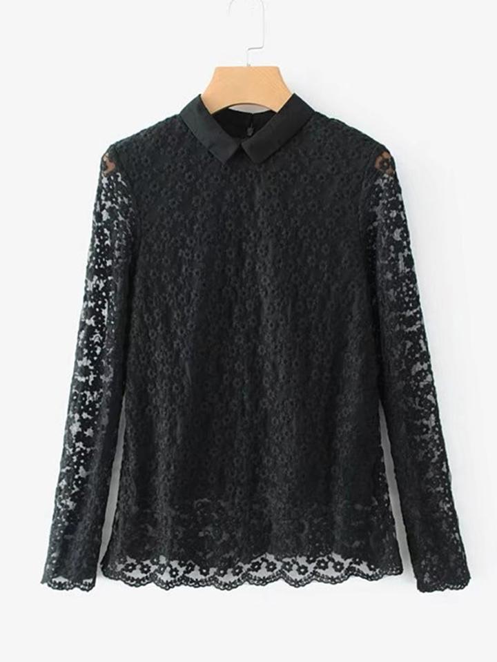 Romwe Scalloped Trim Lace Blouse