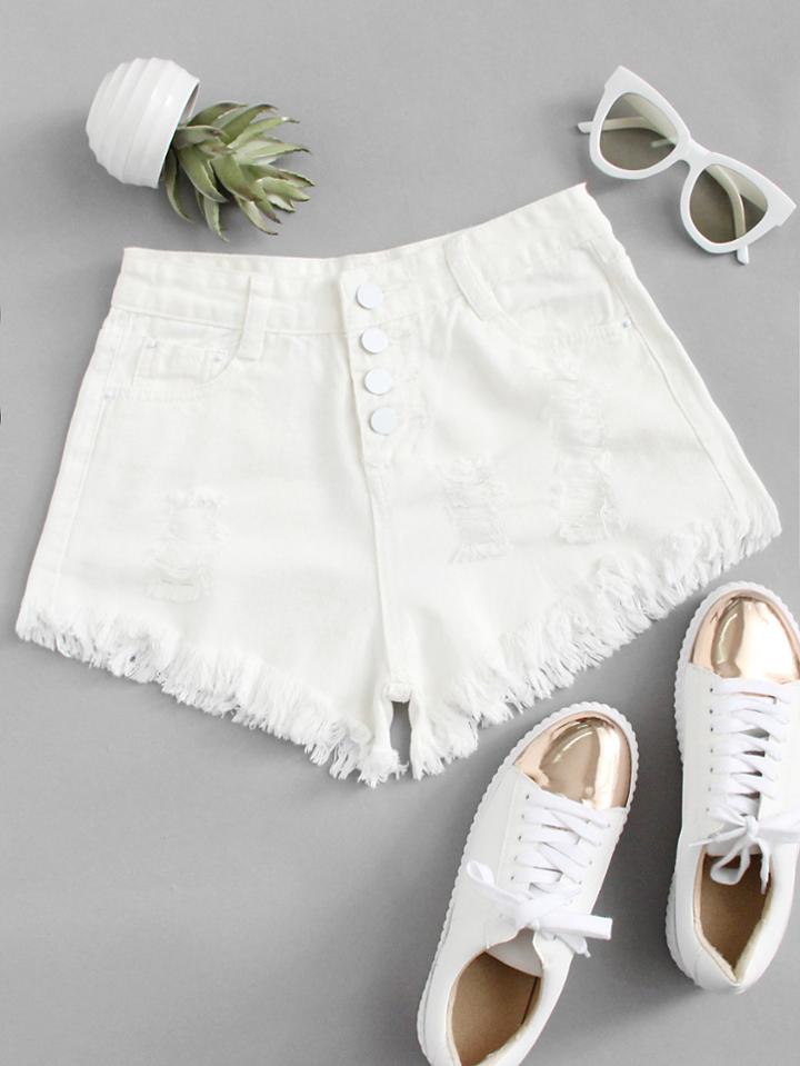 Romwe Button Up Raw Hem Denim Shorts