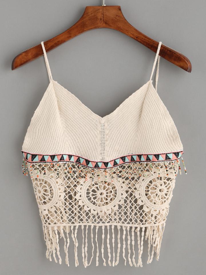 Romwe Beige Crochet Cami Top With Embroidered Tape Detail
