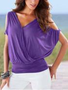 Romwe Purple Open Shoulder Surplice Ruched Blouse