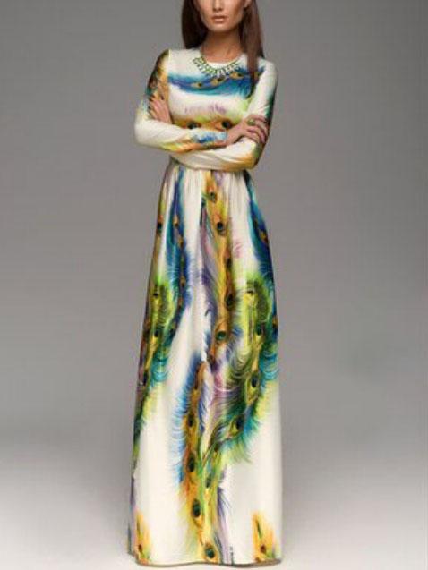 Romwe Peacock Feathers Print Maxi Dress