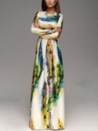 Romwe Peacock Feathers Print Maxi Dress