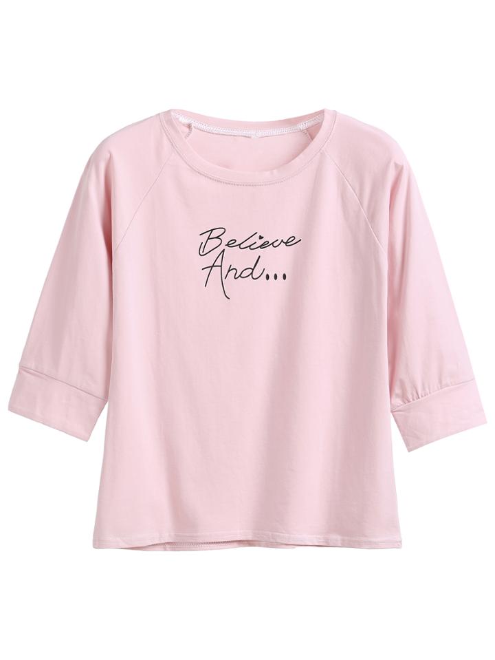 Romwe Pink Letter Print Raglan Sleeve T-shirt