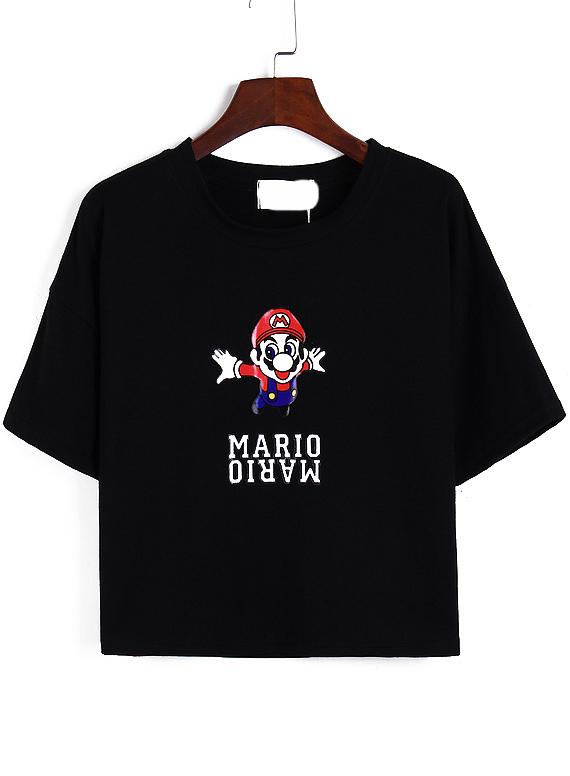 Romwe Mario Print Loose Black T-shirt