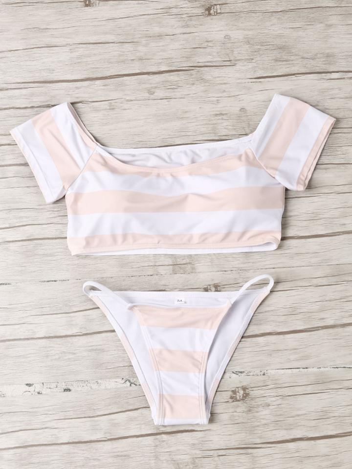 Romwe Striped Off The Shoulder Bikini Set