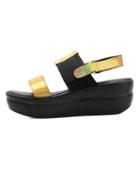 Romwe Golden Contrast Faux Patent Flatform Sandals