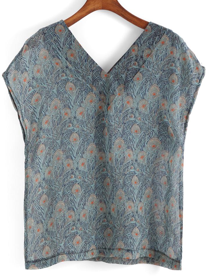 Romwe V Neck Peacock Feathers Top