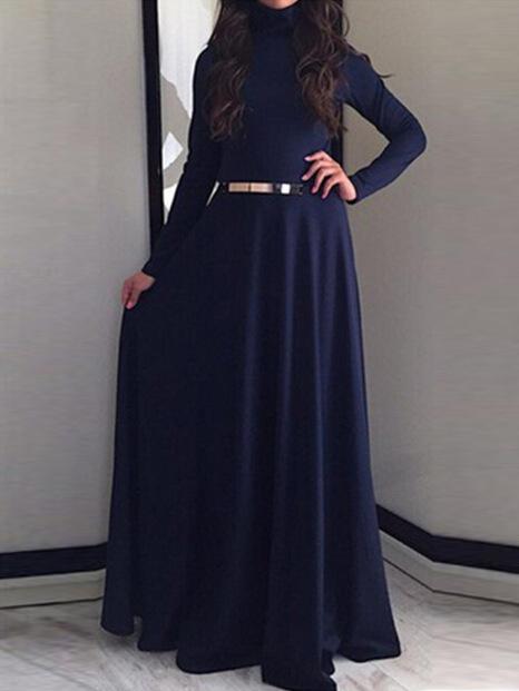 Romwe Navy Blue Stand Collar Belted Maxi Dress