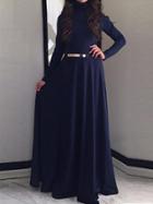 Romwe Navy Blue Stand Collar Belted Maxi Dress
