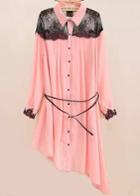 Romwe Pink Long Sleeve Lace Asymmetrical Chiffon Dress