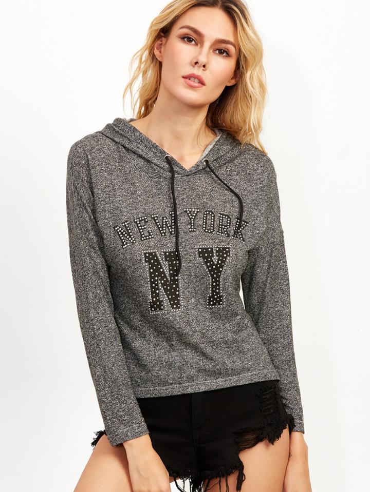 Romwe Dark Grey Rhinestone Letter Drawstring Hooded Sweatshirt