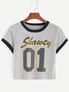 Romwe Grey Varsity Print Contrast Trim T-shirt