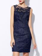 Romwe Navy Round Neck Sleeveless Sequined Embroidered Dress