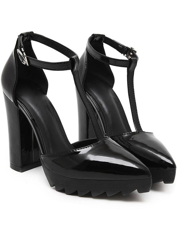 Romwe Black Point Toe T Strap High Block Heel Pumps