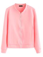 Romwe Pink Plain Zip Up Sweatshirt