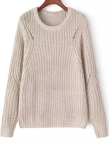 Romwe Round Neck Chunky Knit Khaki Sweater