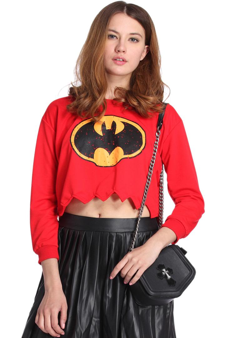 Romwe Romwe Batman Print Toothed Black Red Sweatshirt
