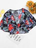 Romwe Floral Print Knot Front Top
