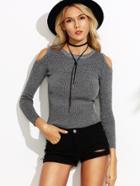 Romwe Grey Open Shoulder Ripped Sweater
