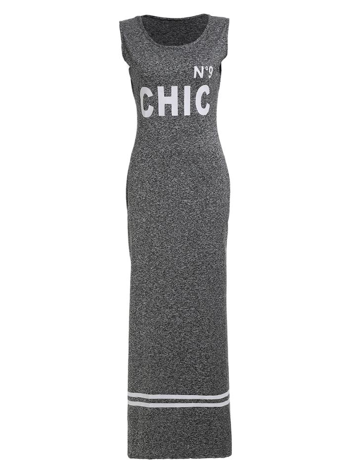 Romwe Letter Print Sleeveless Long Dress
