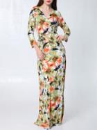 Romwe V Neck Florals Self-tie Maxi Dress