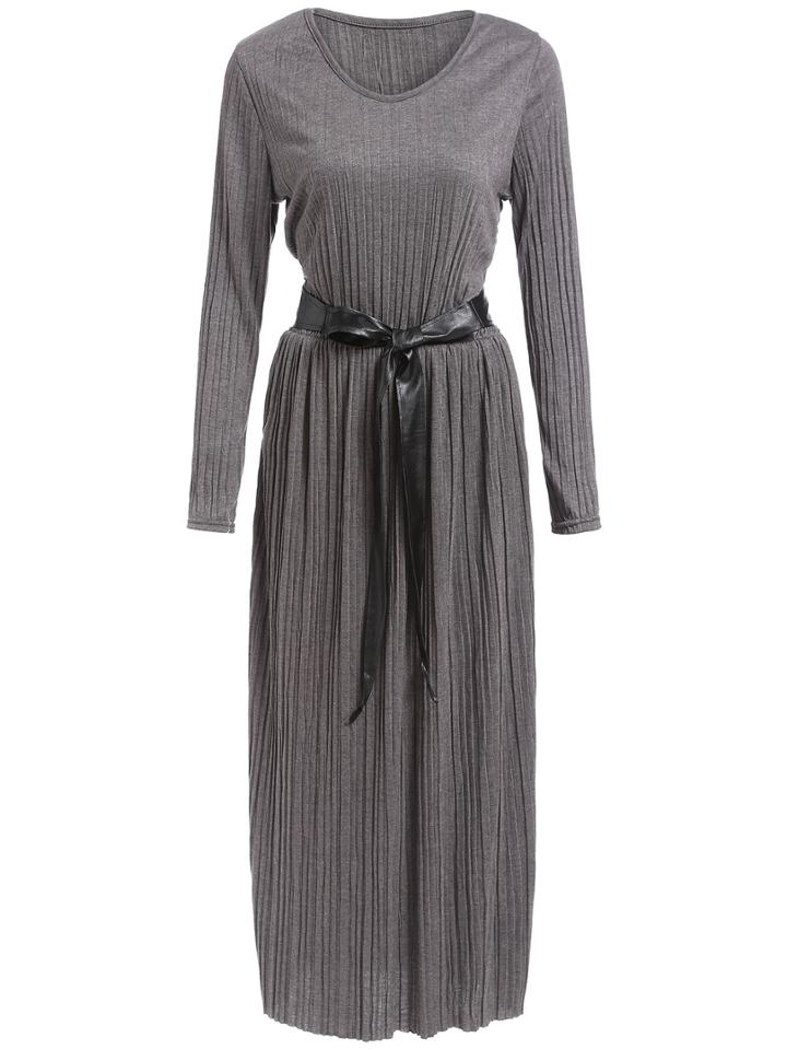 Romwe Long Sleeve Belt Pleated Grey Dress