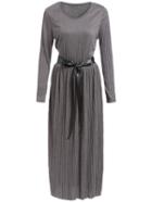 Romwe Long Sleeve Belt Pleated Grey Dress