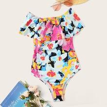 Romwe Watercolor Print Ruffle One Piece Swimwear